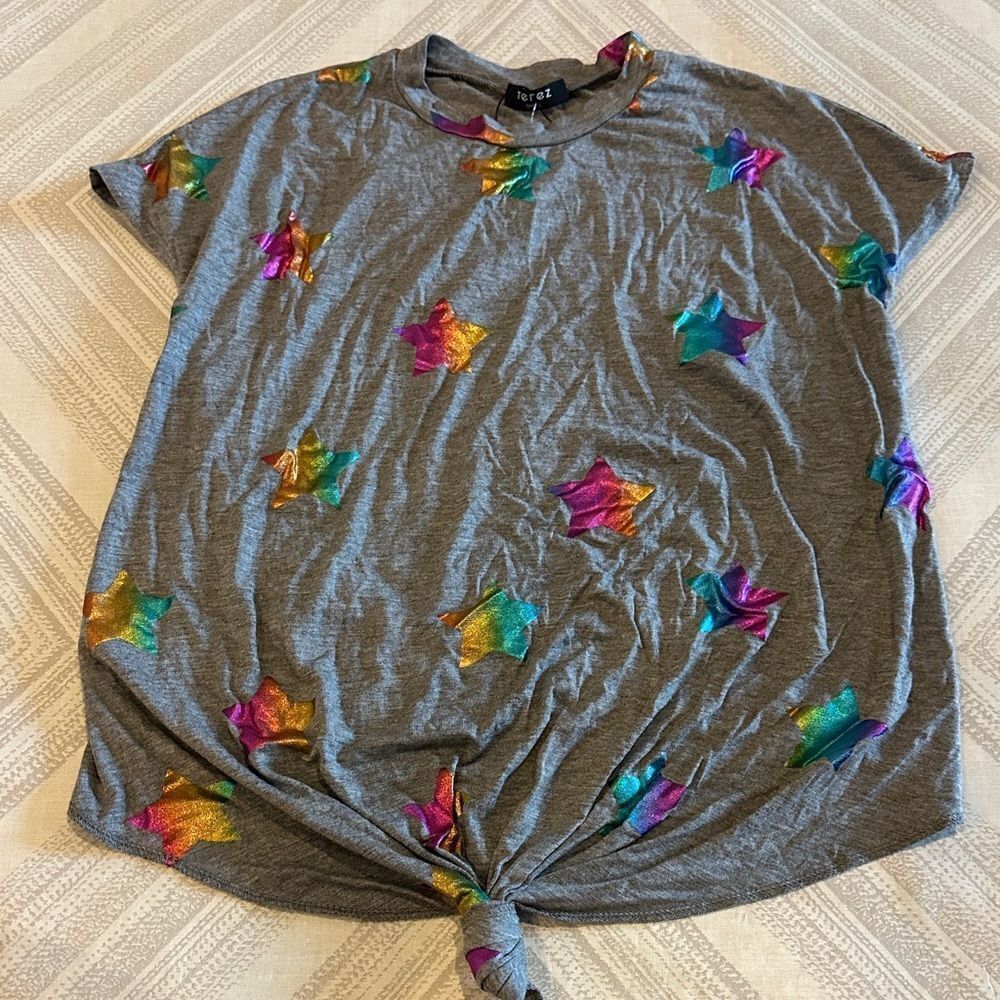 Terez Girls Gray Knotted T-Shirt with Metallic Stars - Size S